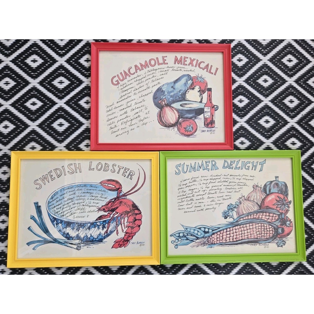 Vintage 1971 Chef Alfredo Recipe Print Set of 3 Original Lambert Frames Retro